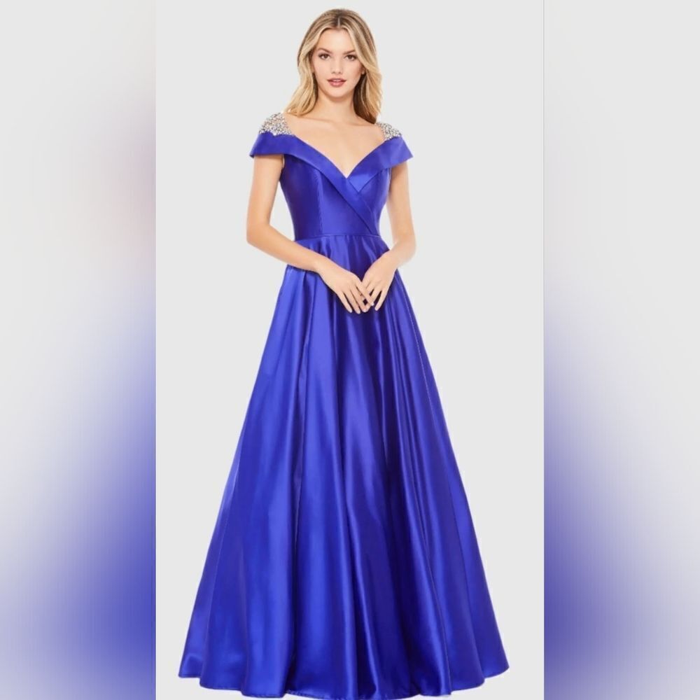 Mac Duggal 49239 Blue Embellished Cap Sleeve V Neck A Line Gown NWT Size 8